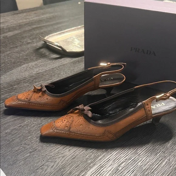 Prada Women's Tan Leather Slingback Heels - Picture 3 of 4